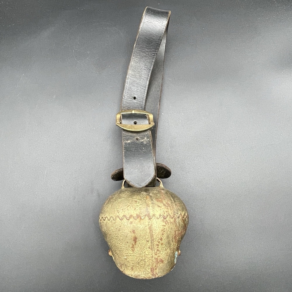 Antique Swiss Treicheln Cow Bell Brass Leather Strap Rustic Farm 6in